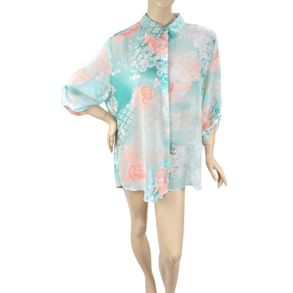 Chicos Blouse Womens Top size 3 XL 16 Tab Sleeve Green Peach Floral Split Back - Picture 1 of 10